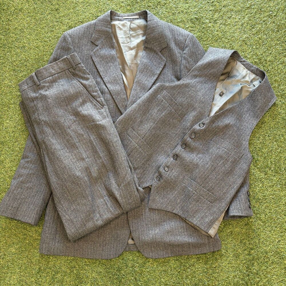 Vtg 1970s Egon Von Furstenberg Gray Striped 3Pc Suit 40L Jacket,  34L Pants